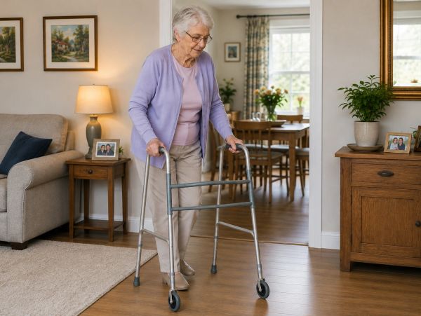 Elderly woman using a walker in her living room.
