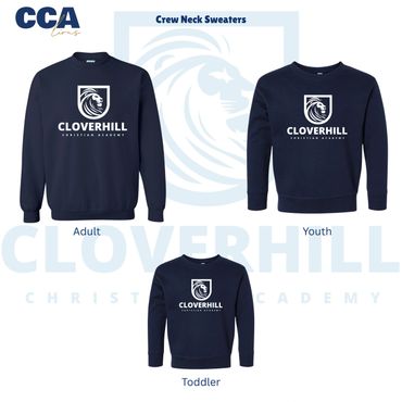 Navy blue crew neck sweaters for all ages with Cloverhill Christian Academy logo.
