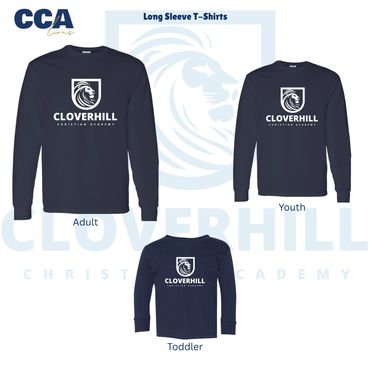 Long sleeve navy blue t-shirts with Cloverhill Christian Academy logo for all ages.