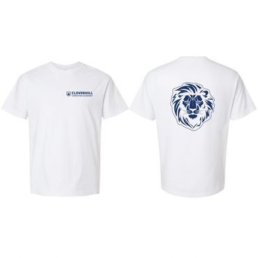 White t-shirt with Cloverhill Elementary logo on front and lion graphic on back.
