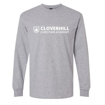 Gray long-sleeve shirt with Cloverhill Christian Academy logo.