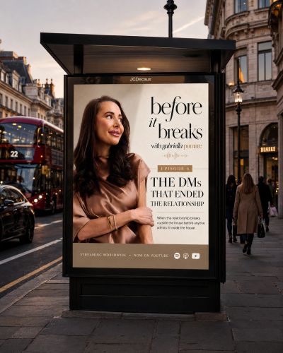 Bus stop ad for a podcast episode about relationship-ending DMs.
