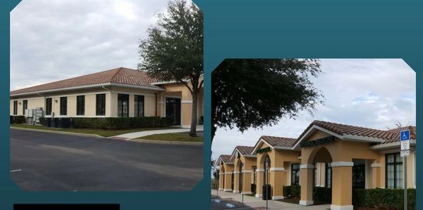 Two images of a beige commercial building with a tiled roof and parking lot.