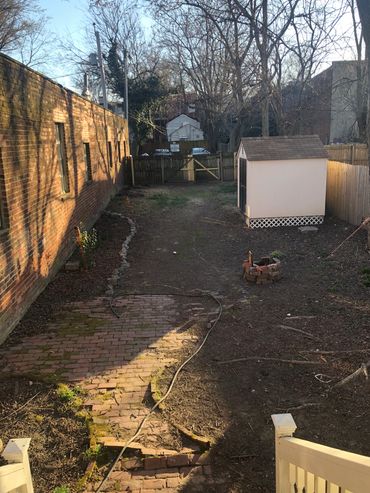 A backyard with a brick path, small shed, and bare trees in late afternoon light.