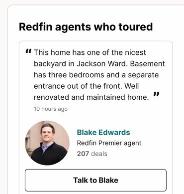 Review from Redfin agent Blake Edwards praising a well-maintained Jackson Ward home.