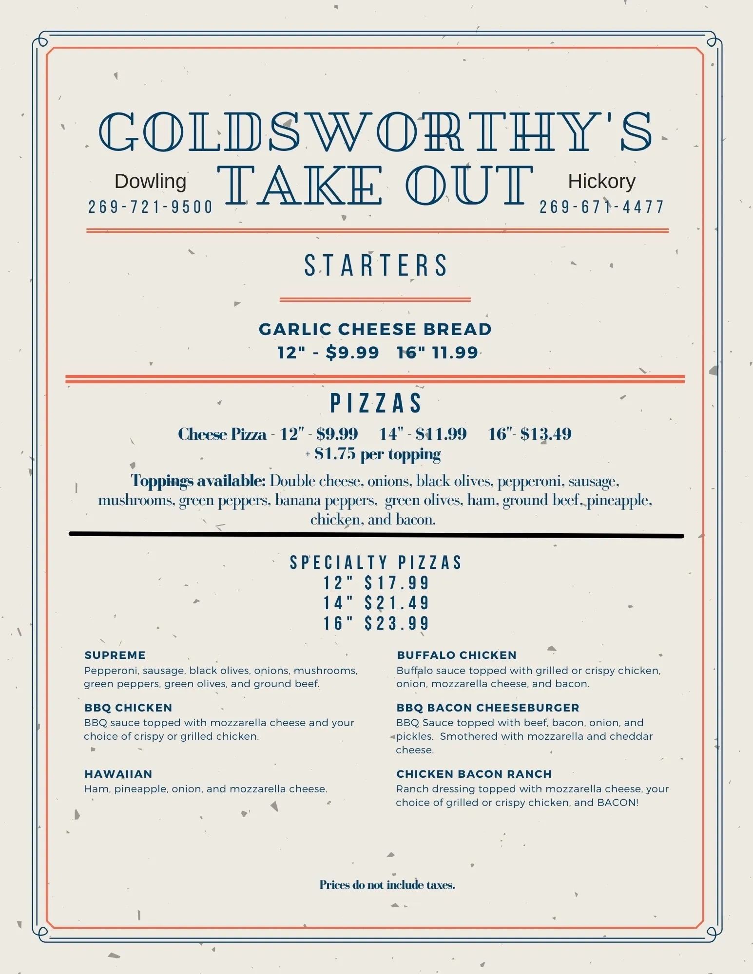 Goldsworthy's Pizza Take-Out Menu
