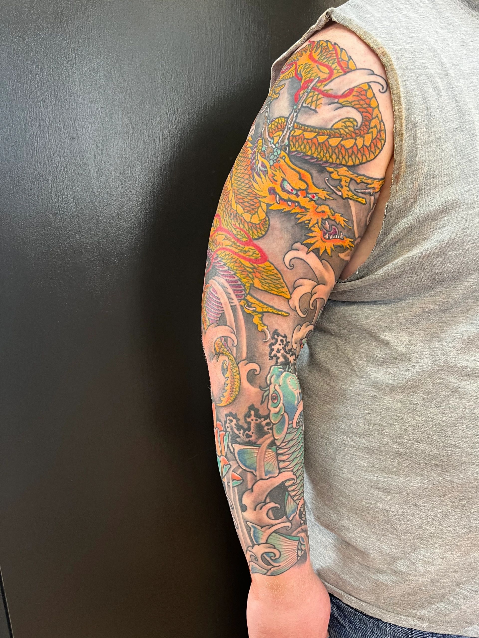 Japanese dragon sleeve tattoo, golden dragon