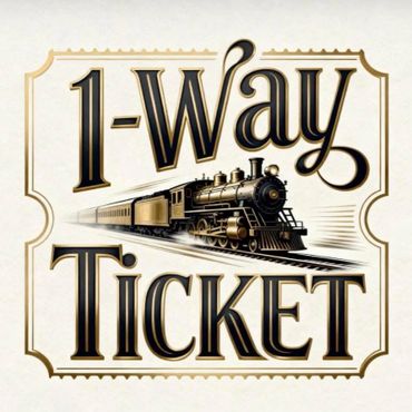 Vintage-style graphic of a steam train with '1-Way Ticket' text.