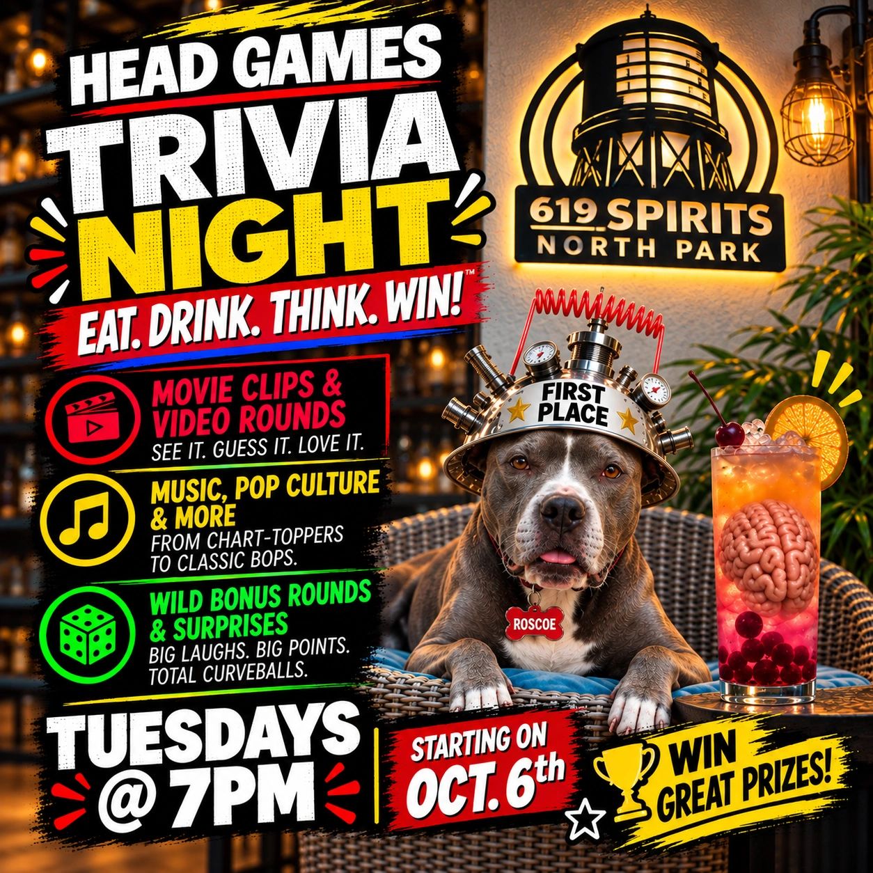 Trivia night event at 619 Spirits featuring movie clips, music, and prizes.