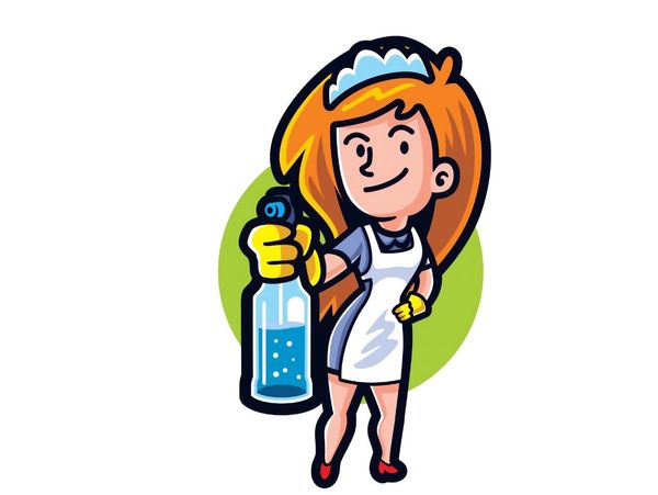 Cartoon maid holding a spray bottle, logo for L'Clean cleaning service.