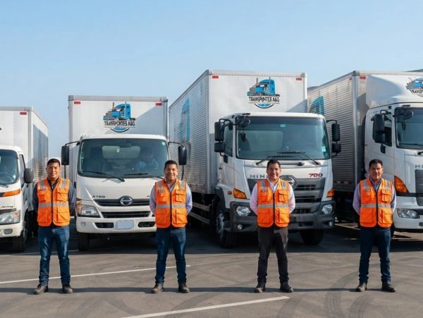 Cuatro trabajadores con chalecos naranjas frente a camiones blancos.