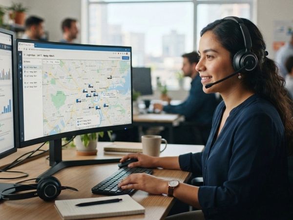 Mujer con auriculares usando computadora con mapa en pantalla.