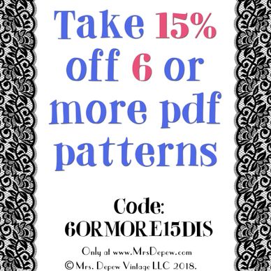 Discount code to save 15% on vintage sewing pattern e-books.