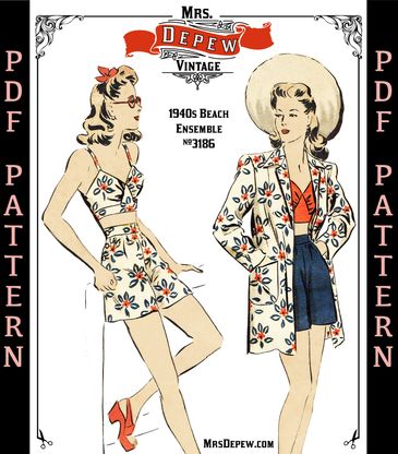1942 Vintage Sewing Pattern 1940s Ladies' Bra Top, Shorts and Beach Coat Ensemble in multi size and 