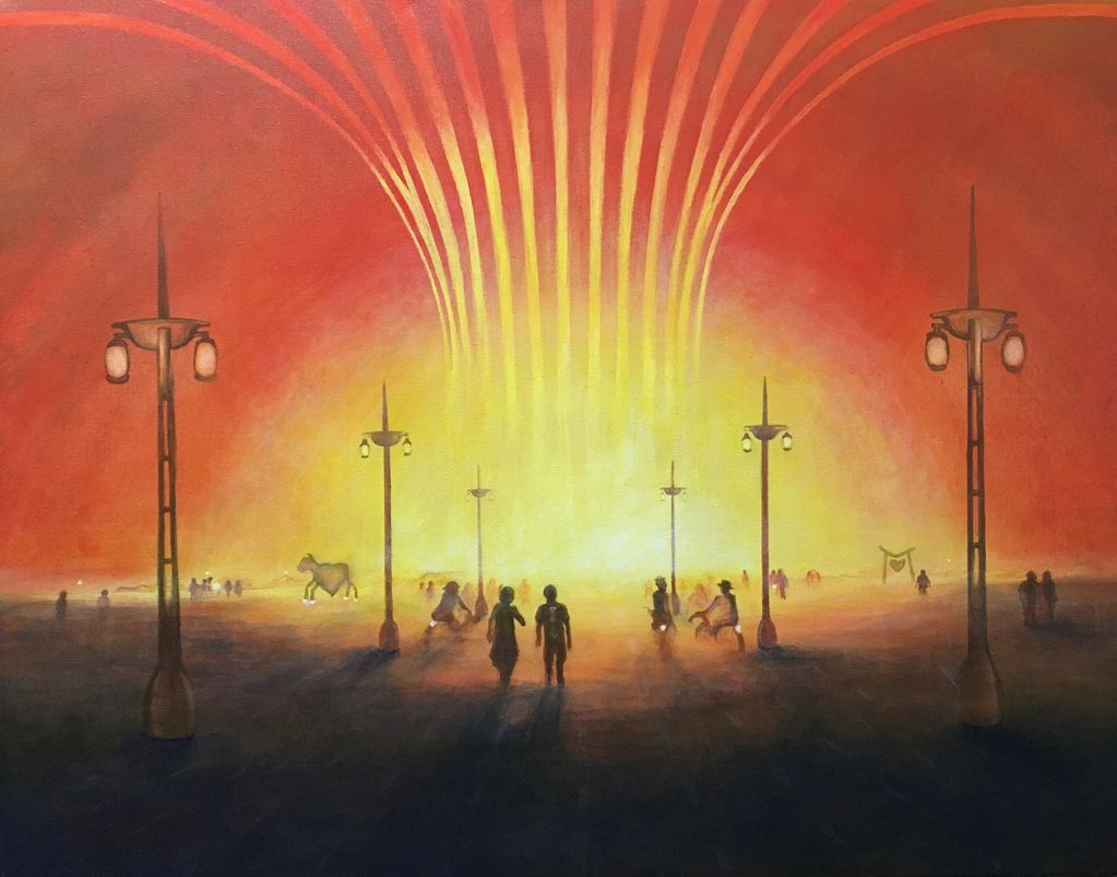 figures walking toward light burning man temple torus