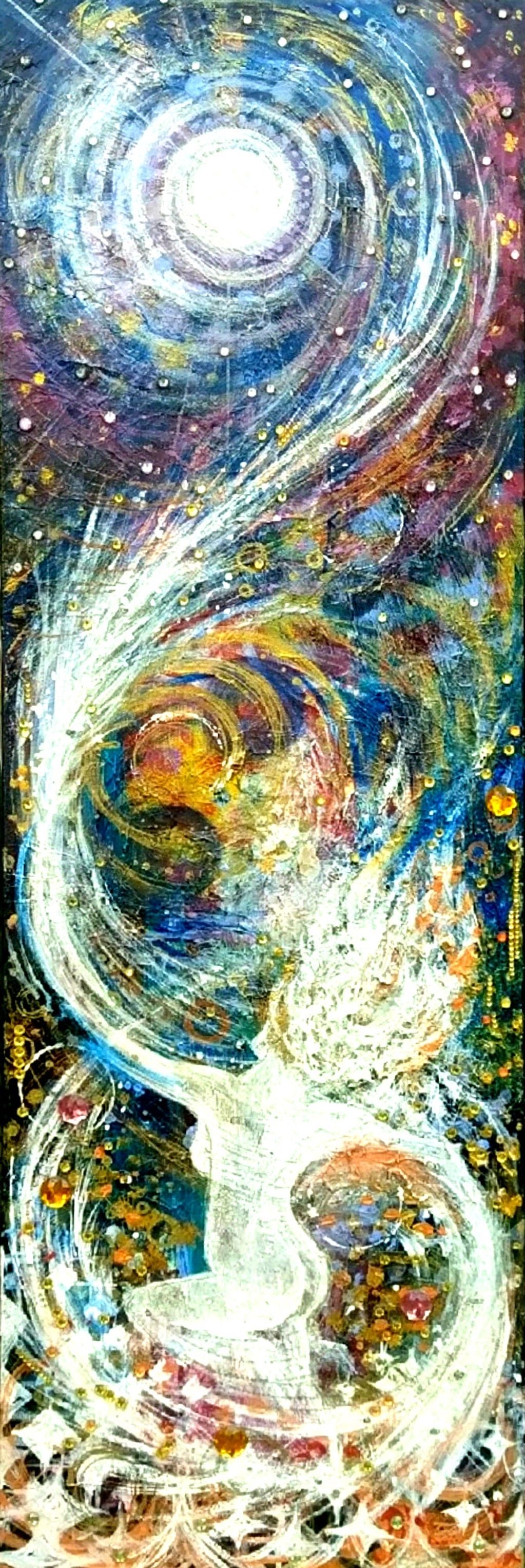 woman dancing under moonlight with flow of energy around her