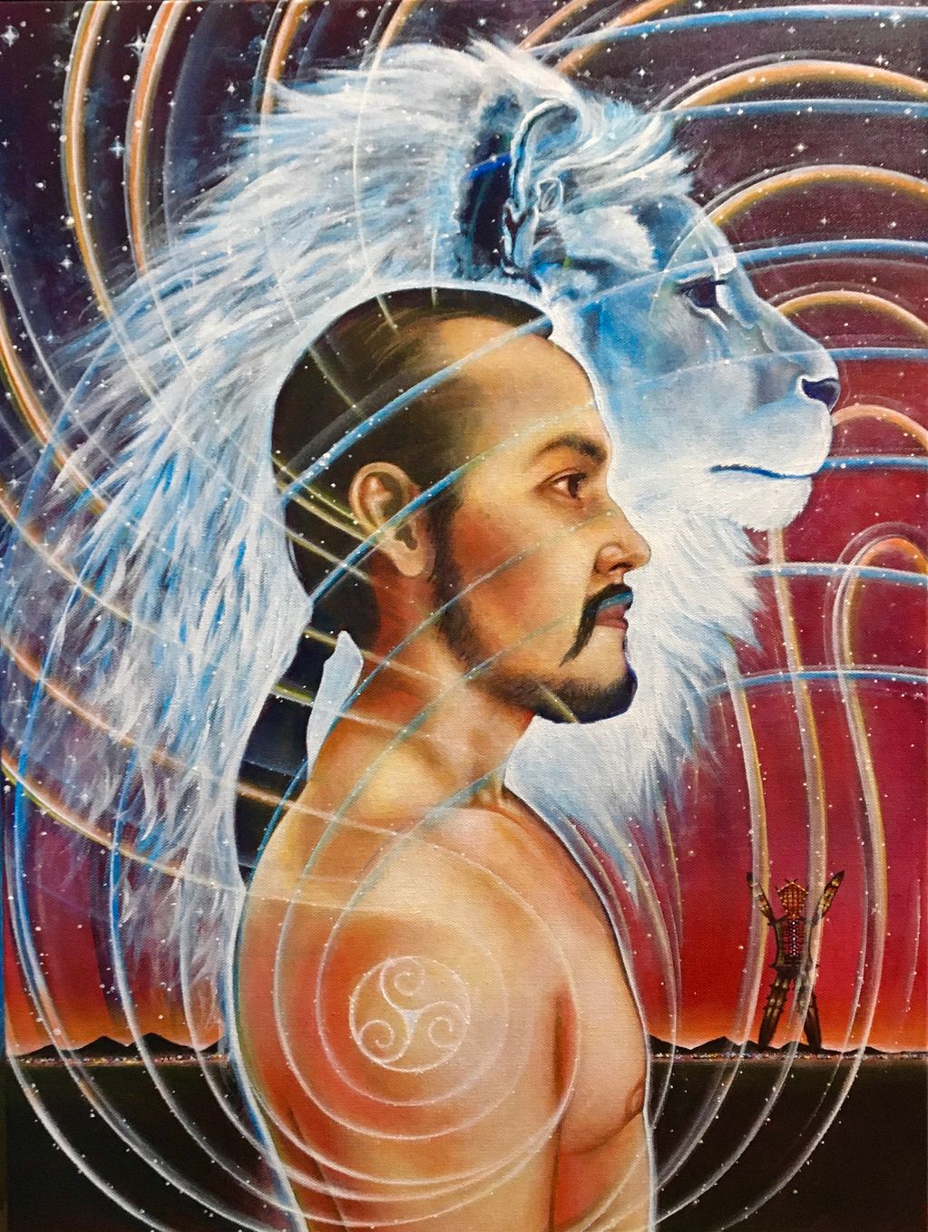 Man with beard and ponytail surrounded by blue lion spirit in desert, burning man