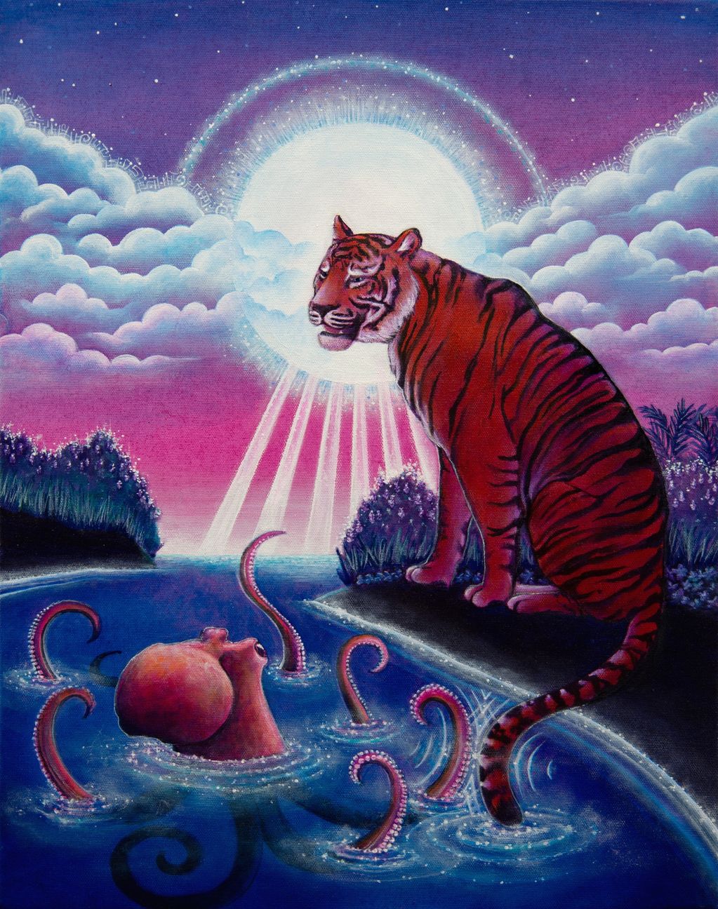octopus and tiger in front of moon