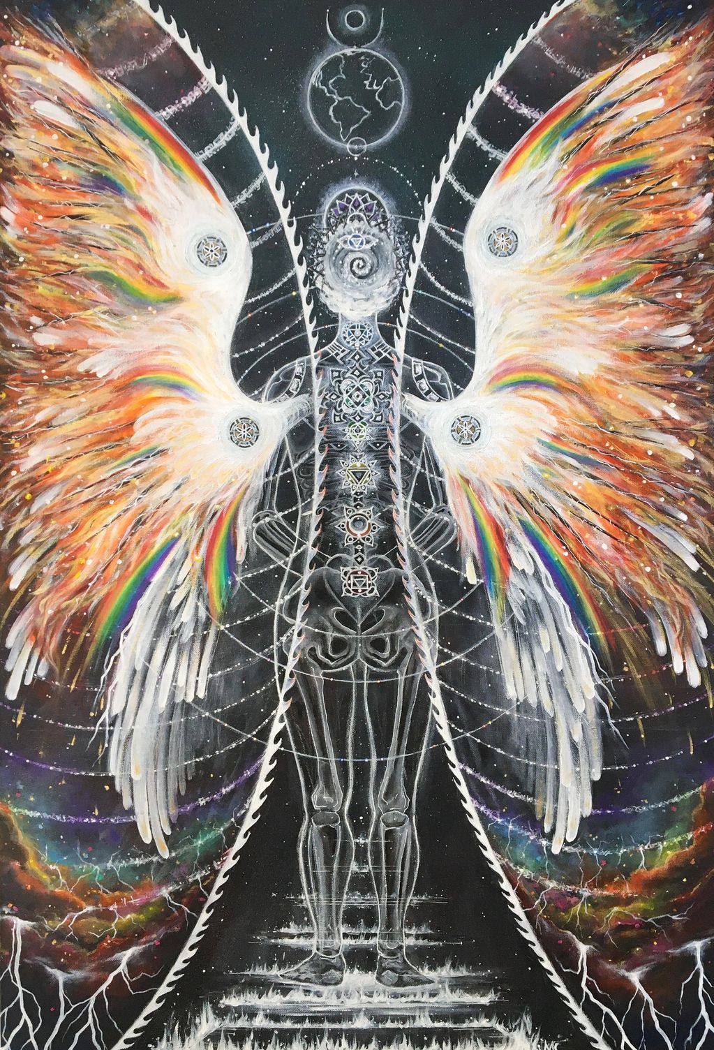 figure space woman chakras angel wings fire rainbows 