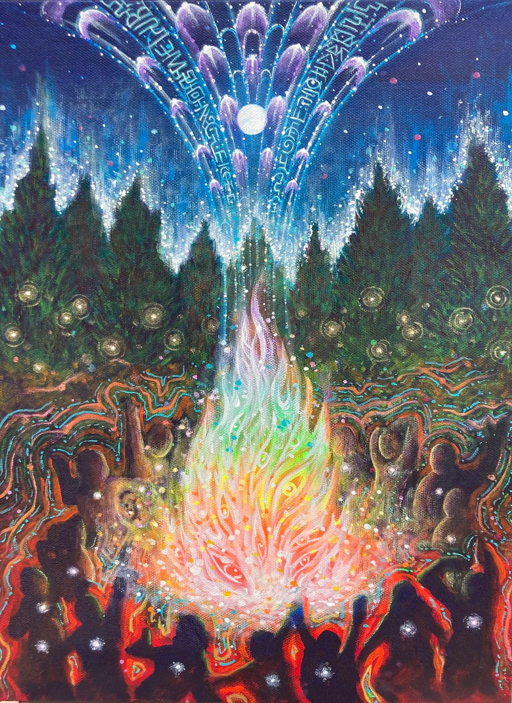 rainbow fire people dancing in forest silhouettes full moon magic language