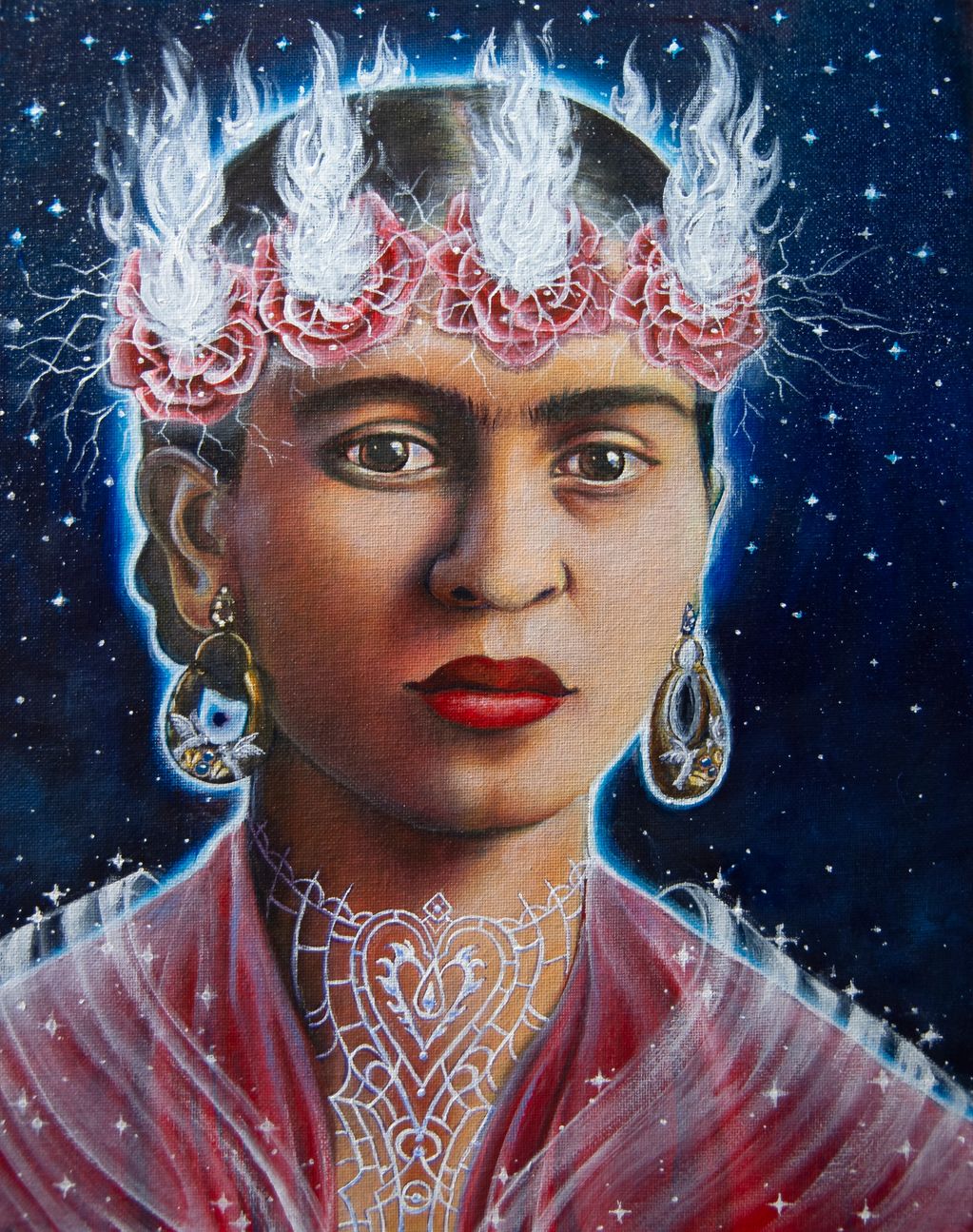 Frida Kahlo in red with fire crown of roses