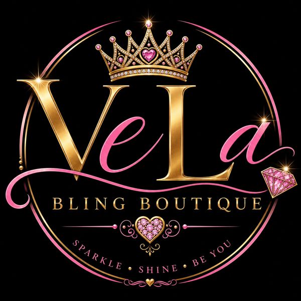 Vela Bling Boutique logo with gold and pink accents.