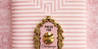 A decorative doorbell labeled 'Press for Champagne' on striped wallpaper.