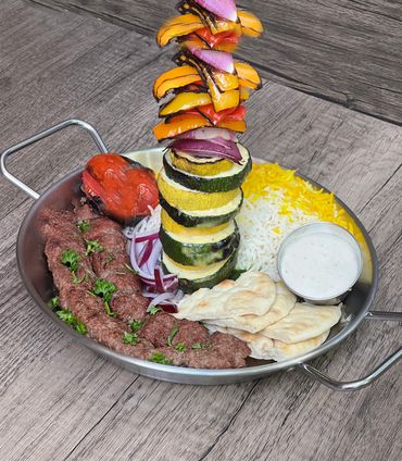 marinated ground beef, grilled to   Mediterranean sides. A customer favorite in Addison, TX.