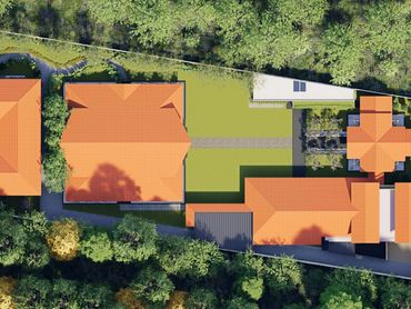 Rendering of the aerial view of The Lily Cascade Wedding Venue showcasing the Outdoor Law