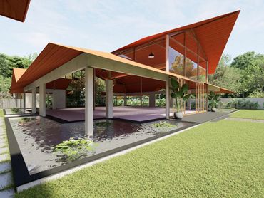 3D rendered facade of The Lily Cascade venue, Bangalore with terracotta roof and tropical greenery