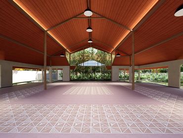 Interior rendering of The Lily Cascade grand hall with terracotta ceiling, Bangalore