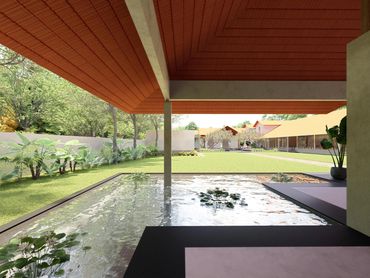 3D rendering of The Lily Cascade open-air terrace with reflecting pool, Bangalore