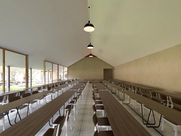 The Lily Cascade indoor dining hall in Bangalore with high sloped ceiling, rows of banquet chairs