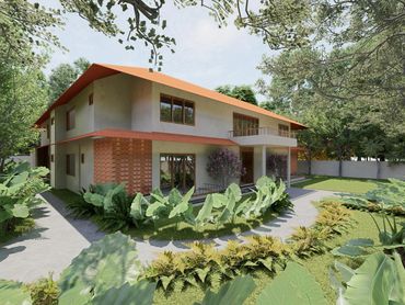 3D rendered facade of The Lily Cascade venue in Bangalore featuring a two-storey guest accomdation