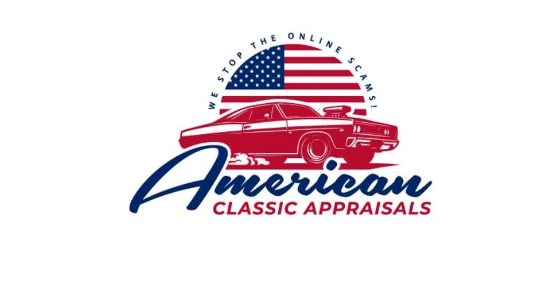 Logo featuring a classic car and American flag with text about stopping online scams.