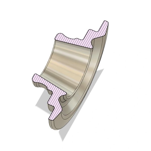 3D cross-sectional view of a mechanical component with highlighted inner surfaces.
