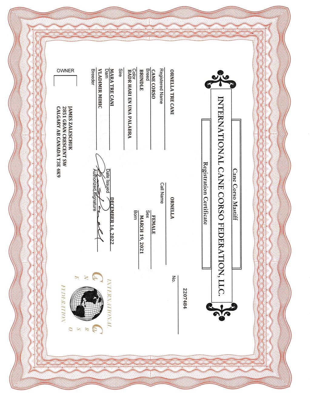 Ornella Tre Cani  ICCF registration