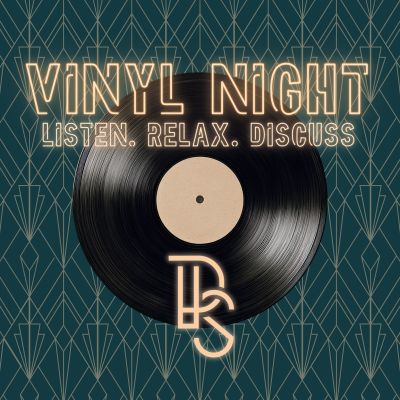 Vinyl Night event poster with a record and neon text.