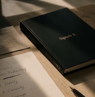 A closed book titled 'Signals &' and handwritten notes with a pen.