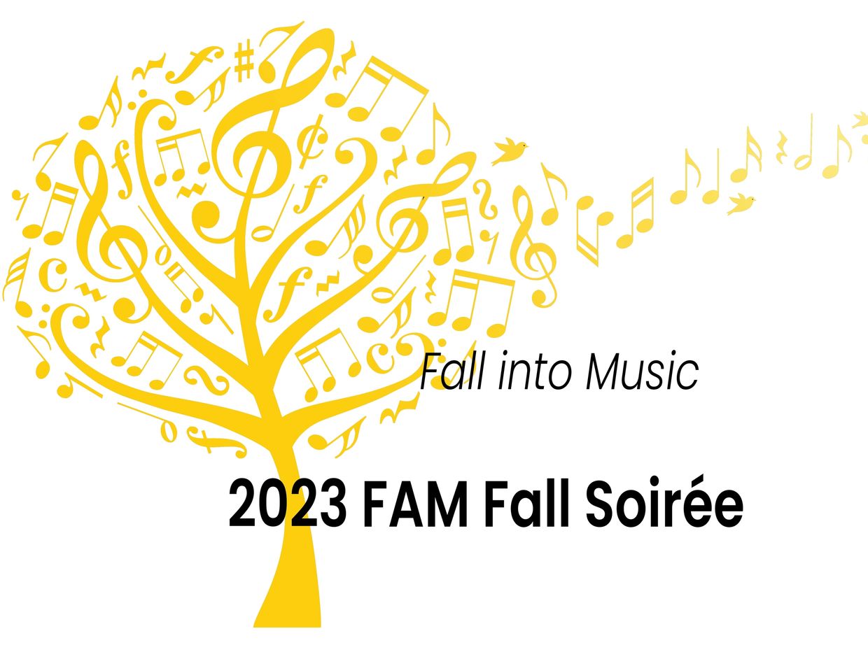 Yellow musical note tree with text for 2023 FAM Fall Soirée event.