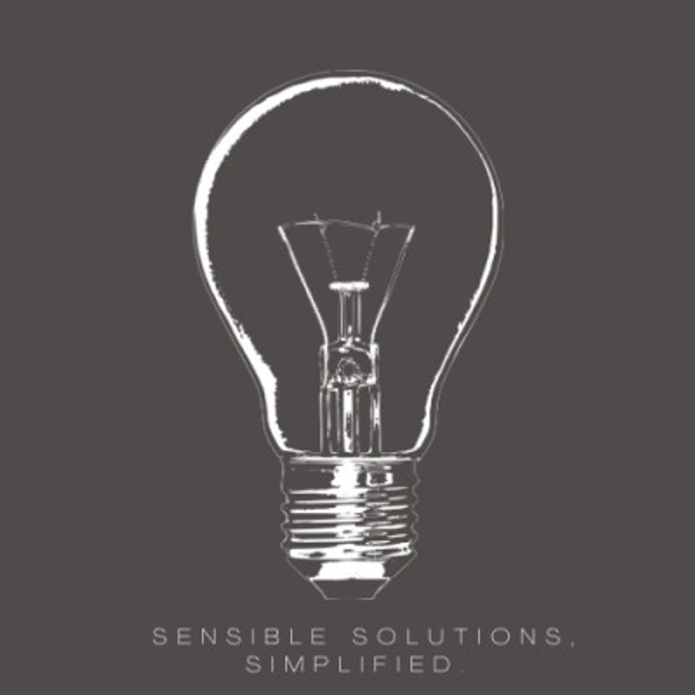Minimalist light bulb sketch with the phrase 'Sensible Solutions, Simplified'.