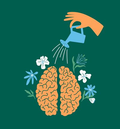 Hand watering a brain with flowers.