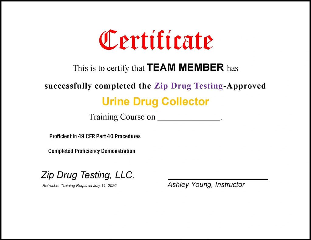 Certificate for completing Zip Drug Testing urine drug collector training.