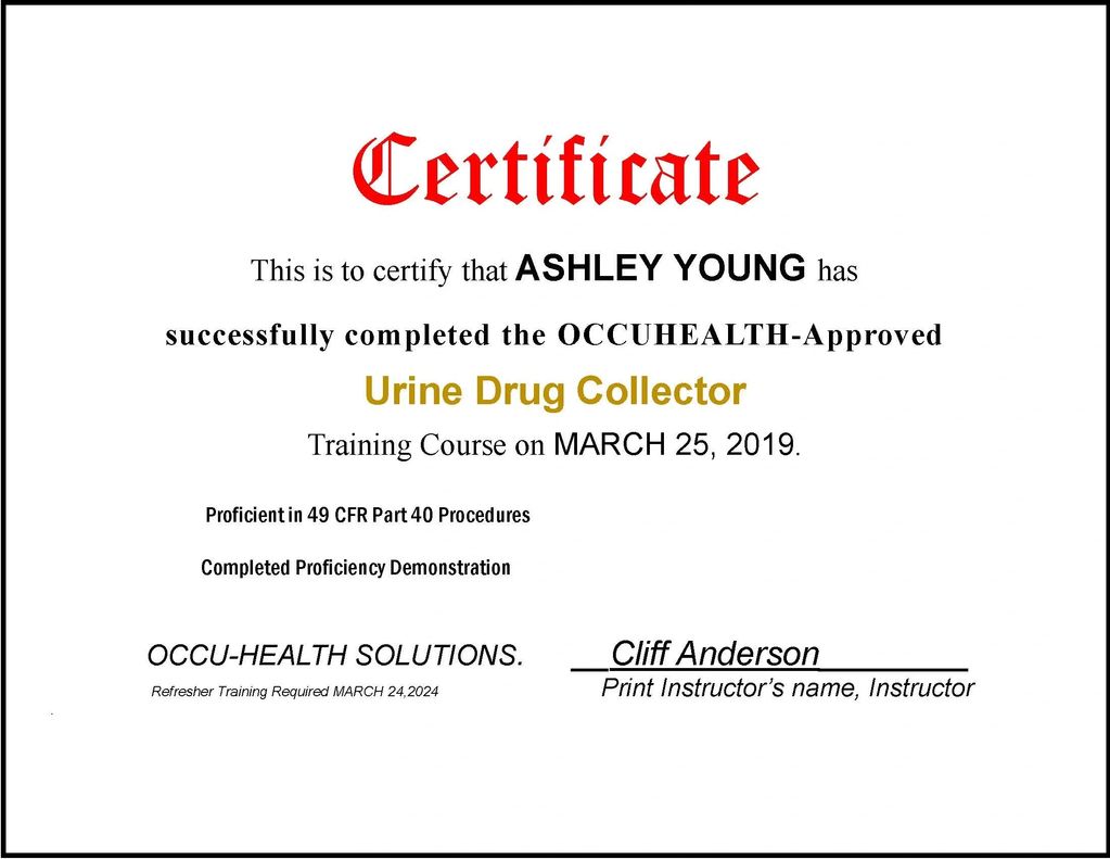 Certificate for Ashley Young completing Urine Drug Collector course.