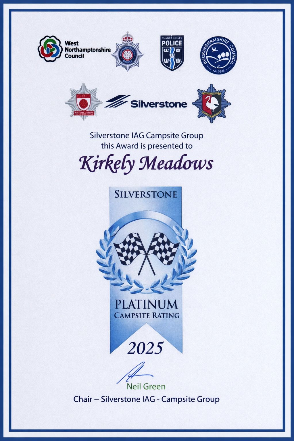 Kirkely Meadows rated the highest standard from the Silverstone IAG Campsite Group