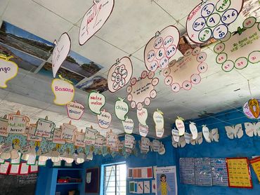 Projects hung on the ceiling in an elementary school classroom.