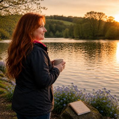 Woman enjoying a peaceful sunset by the lake with a cup in hand.