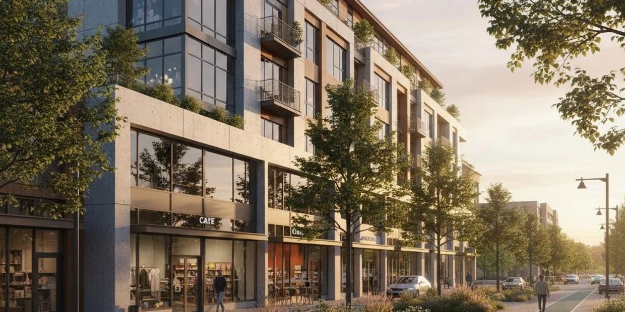 Modern mixed-use building with shops and cafes at sunset.