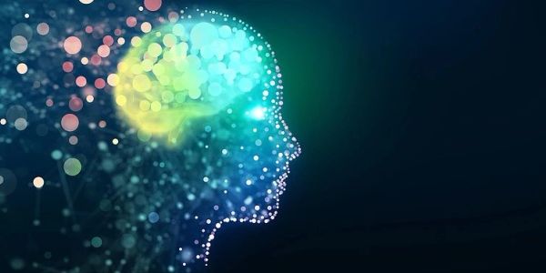 Digital brain inside an abstract human head.