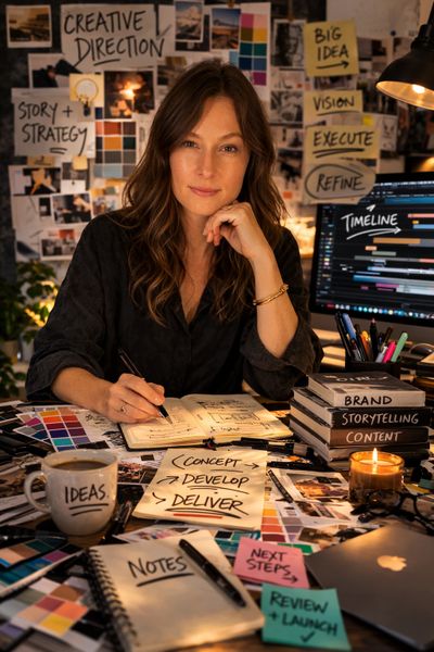 A woman working on creative strategy surrounded by notes and plans.